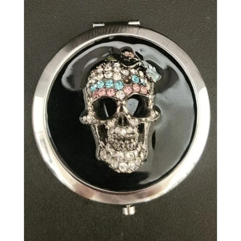 Glossy Black Skull Compact Mirror Rhinestone 3D Double Sided Pre-Owned